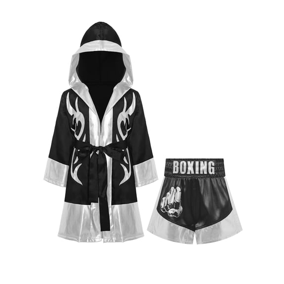 Haitryli Kids Boys Girls 2pcs Boxing Uniform Robe Shorts Kickboxing Muay Thai Combat Martial Arts Tracksuit Black Silver 10