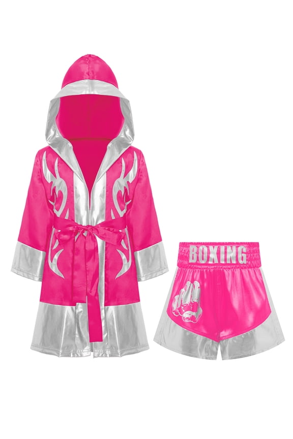 Kids Boys Girls 2pcs Boxing Uniform Robe Shorts Kickboxing Muay Thai Combat Martial Arts Tracksuit Hot Pink Silver 8