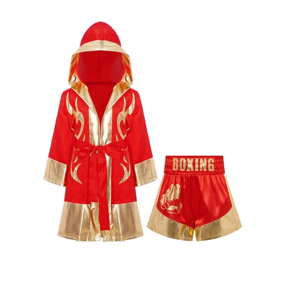 Haitryli Kids Boys Girls 2pcs Boxing Uniform Robe Shorts Kickboxing Muay Thai Combat Martial Arts Tracksuit Red Gold 14