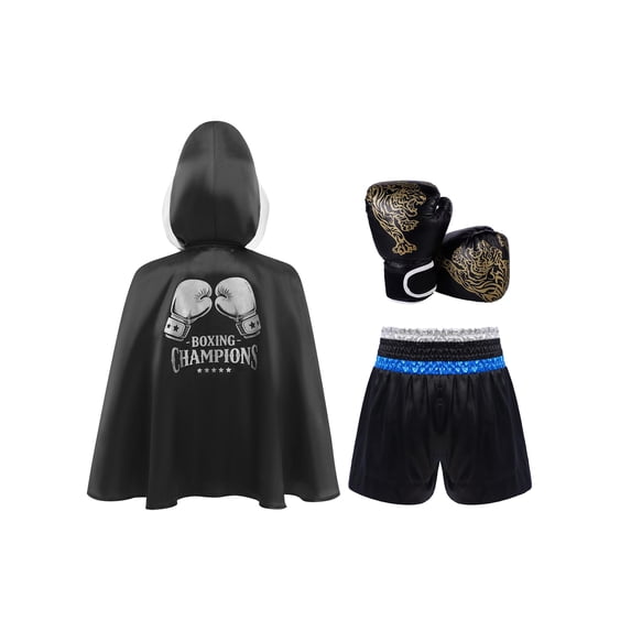 Haitryli Kids Boys Girls Boxing Training Outfit Kickboxing Shorts with Hooded Cloak and Boxing Gloves Set Black Silver 12