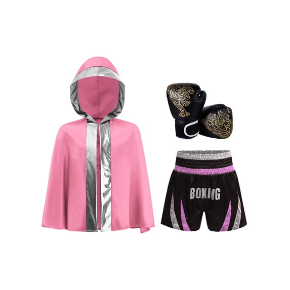 Haitryli Kids Boys Girls Boxing Training Outfit Kickboxing Shorts with Hooded Cloak and Boxing Gloves Set Pink Silver 14