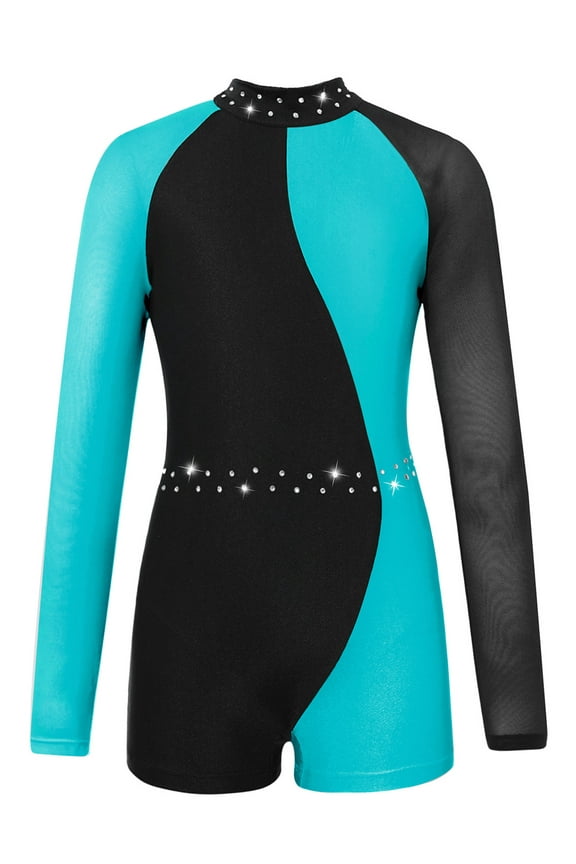 Kids Boys Girls One Piece Sequined Long Sleeve Ballet Dance Leotard Gymnastic Unitard Workout Fitness Jumpsuit Lake Blue 8