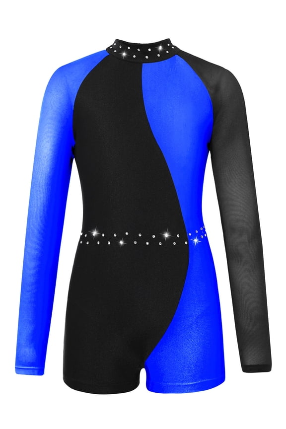 Kids Boys Girls One Piece Sequined Long Sleeve Ballet Dance Leotard Gymnastic Unitard Workout Fitness Jumpsuit Royal Blue 16