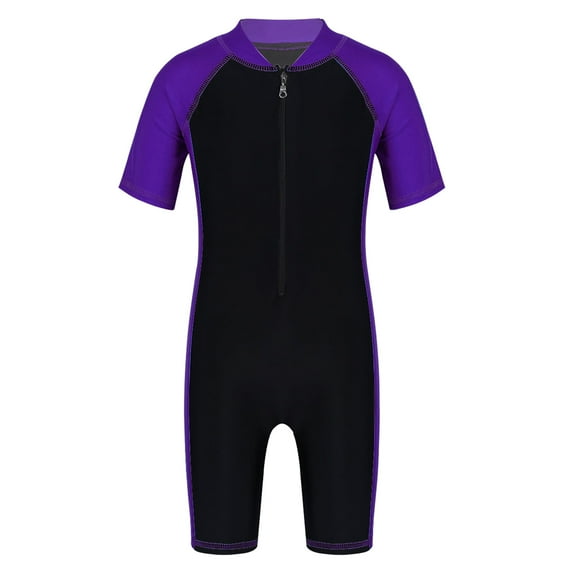 Haitryli Kids Boys Girls One Piece Shorty Wetsuit Rash Guard Surfing Diving Suit UV Sun Protection Swimsuit Purple&Black 6