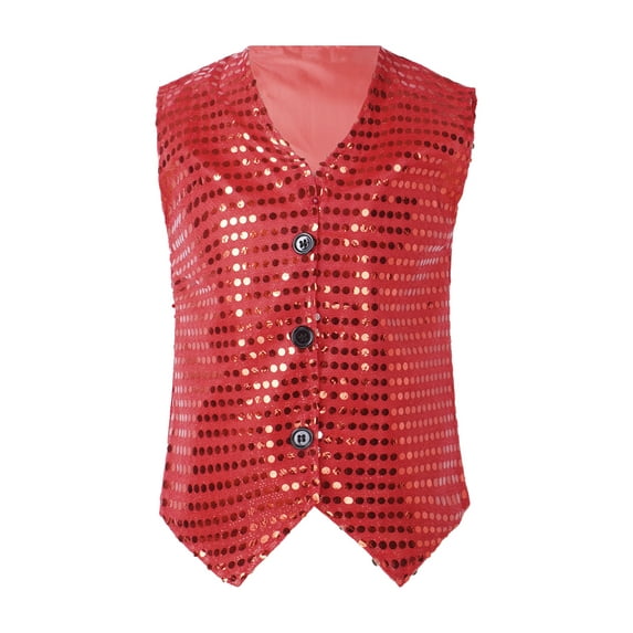 Haitryli Kids Boys Girls Sequin Hip-Hop Jazz Dance Top Vest Jacket Waistcoat Disco Party Costume Red 13-14