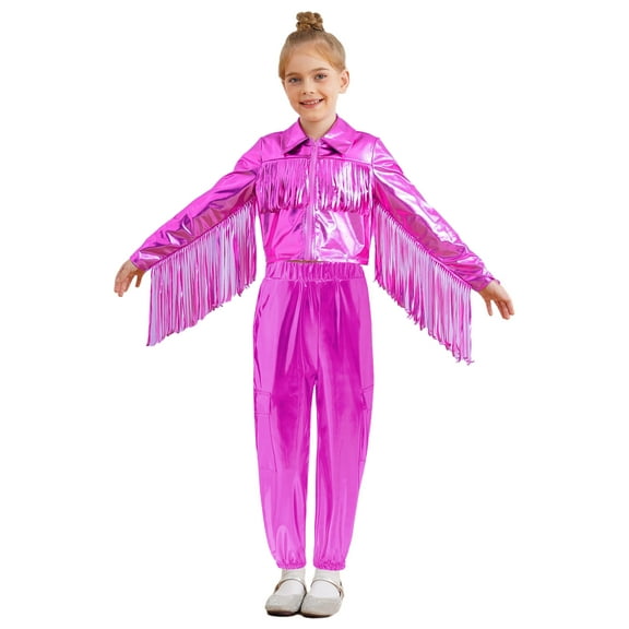 Haitryli Kids Boys Girls Sparkle Coat with Jogger Pants Set Dance Workout Jazz Hip Hop Clothes Set 6-16 Years Hot Pink 10