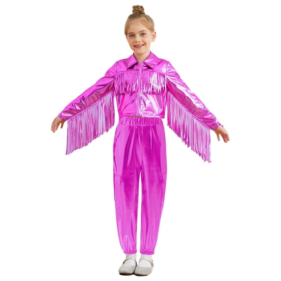 Haitryli Kids Boys Girls Sparkle Coat with Jogger Pants Set Dance Workout Jazz Hip Hop Clothes Set 6-16 Years Hot Pink 12