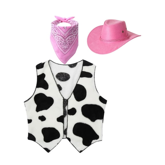 Haitryli Kids Boys Girls Western Cowboy Costume Cow Printed Vest with Hat and Bandanna Cowgirl Outfit 3Pcs Set Pink 12