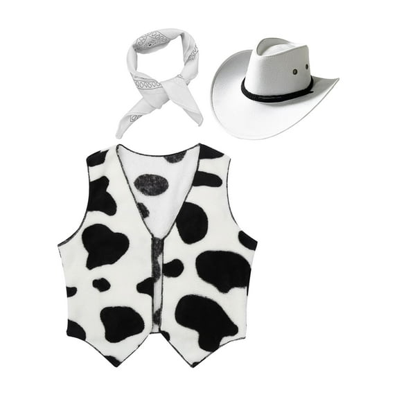 Haitryli Kids Boys Girls Western Cowboy Costume Cow Printed Vest with Hat and Bandanna Cowgirl Outfit 3Pcs Set White 8