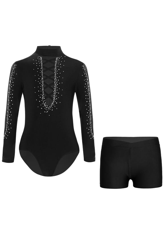 Kids Boys Glittery Rhinestones Gymnastics Leotards Bodysuits Long Sleeve Jersey Top with Short Black 16