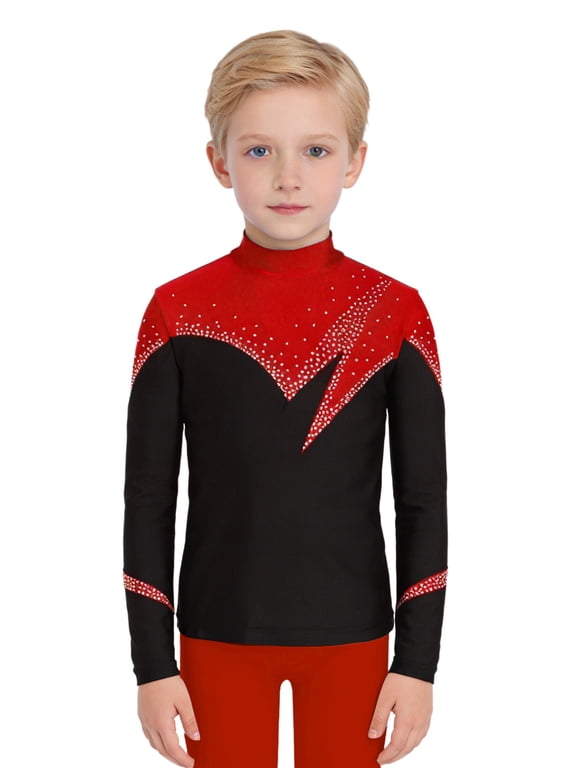 Kids Boys Long Sleeve Color Block Figure Skating Shirt Sparkle Rhinestones Training Practice Tee Top Red 6