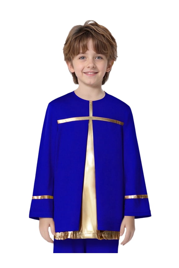 Kids Boys Metallic Praise Dance Top Pullover Tunic Shirt Worship Clothes Choir Gowns Liturgical Praisewear Blue 10