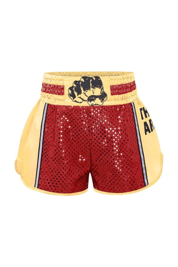 Kids Boys Muay Thai Shorts MMA Kickboxing Fighting Trunks Shorts Sequins Sides Slit Grappling Bottoms Red 8