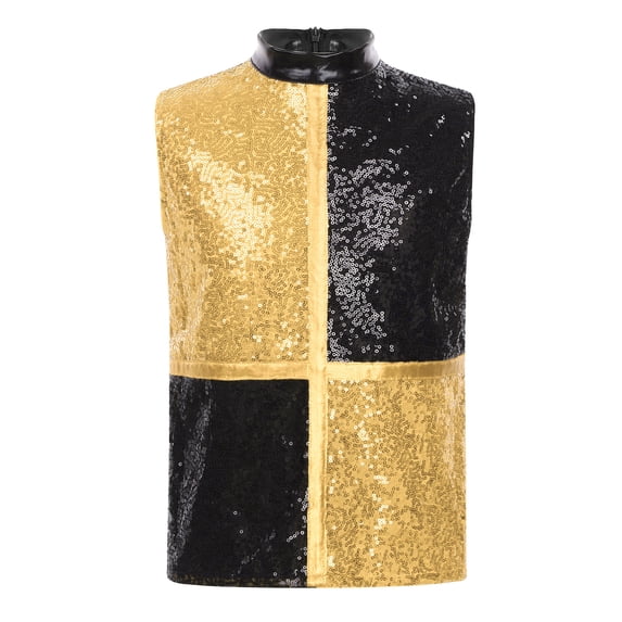 Haitryli Kids Boys Sequin Color Block Shirt Sparkly Sleeveless Vest with Zipper Back Shiny Hip Hop Jazz Dance Top Black Gold 12