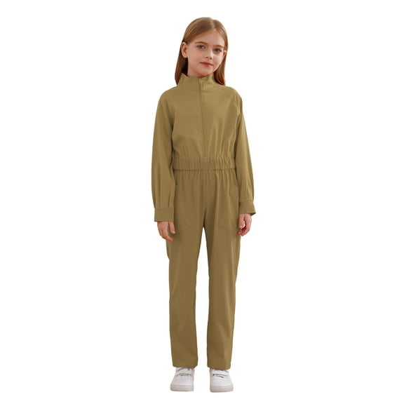 Haitryli Kids Cargo Coverall for Girls Boys Long Sleeve Stand Collar Mechanic Flight Suit Jumpsuit Halloween Costume Khaki 16
