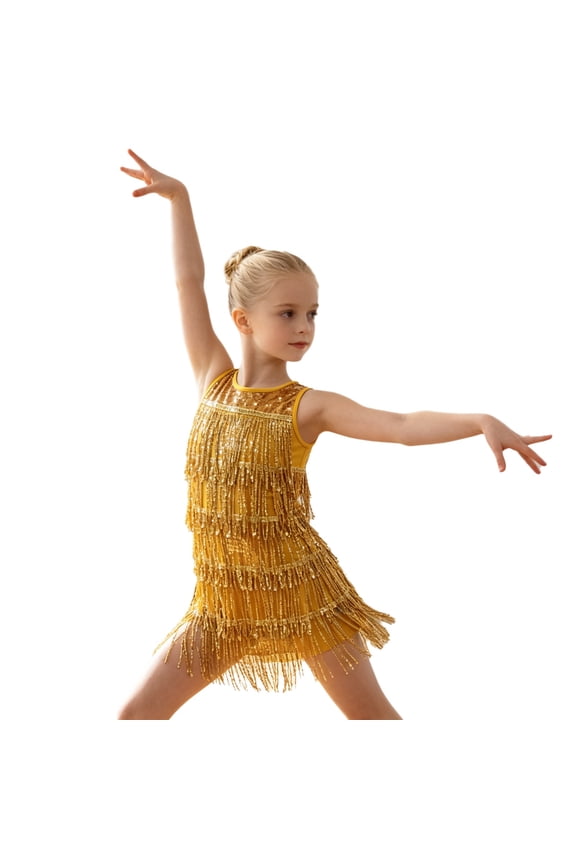Kids Cha Cha Dance Dress for Latin Cha-cha Modern Dancewear Stage Performance Outfit Gold 5-6