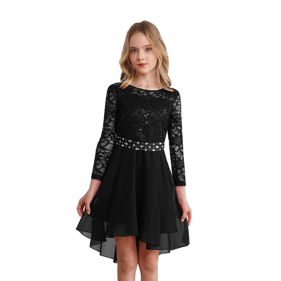 Haitryli Kids Flower Girl Lace Chiffon Dress Long Sleeve High-Low Hem Junior Bridesmaid Dress Proms Black 8
