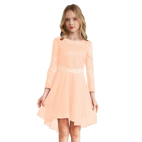 Haitryli Kids Flower Girl Lace Chiffon Dress Long Sleeve High-Low Hem Junior Bridesmaid Dress Proms Nude 8