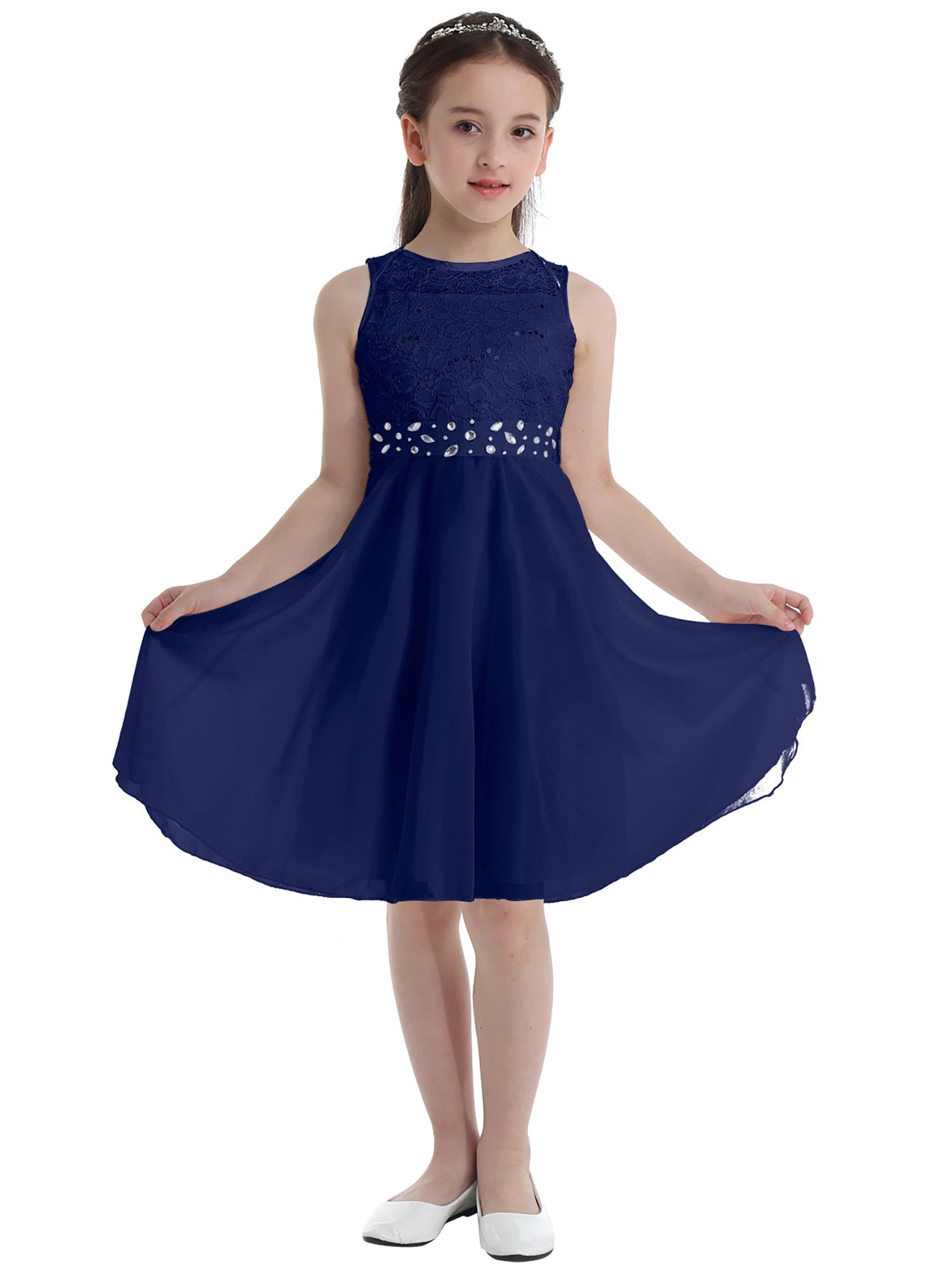 Haitryli Kids Flower Girls Dress Sequin Lace Sleeveless Wedding Pageant  Party Formal Prom Gown Navy Blue 10 - Walmart.com