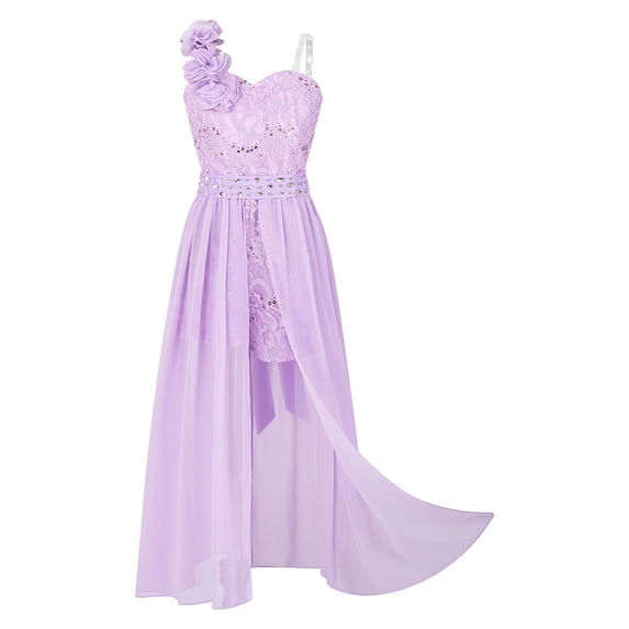 Haitryli Kids Flower Girls One Shoulder Romper Dress Chiffon Wedding Party Gown Lavender 6