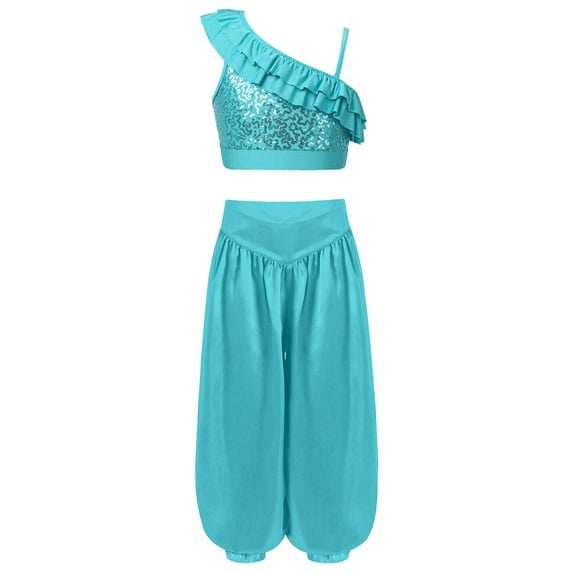 Haitryli Kids Girls 2-Piece Belly Dance Outfit Tribal Arabic Costume Sleeveless Sequins Crop Top with Harem Pants Set Blue 8