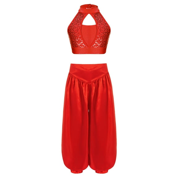 Haitryli Kids Girls 2-Piece Belly Dance Outfit Tribal Arabic Costume Sleeveless Sequins Crop Top with Harem Pants Set Red-A 10