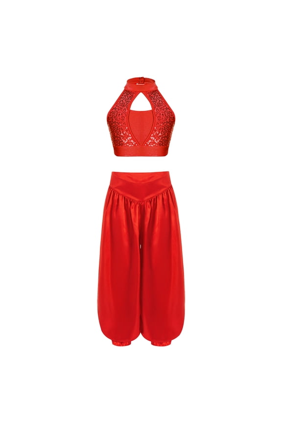 Kids Girls 2-Piece Belly Dance Outfit Tribal Arabic Costume Sleeveless Sequins Crop Top with Harem Pants Set Red-A 8