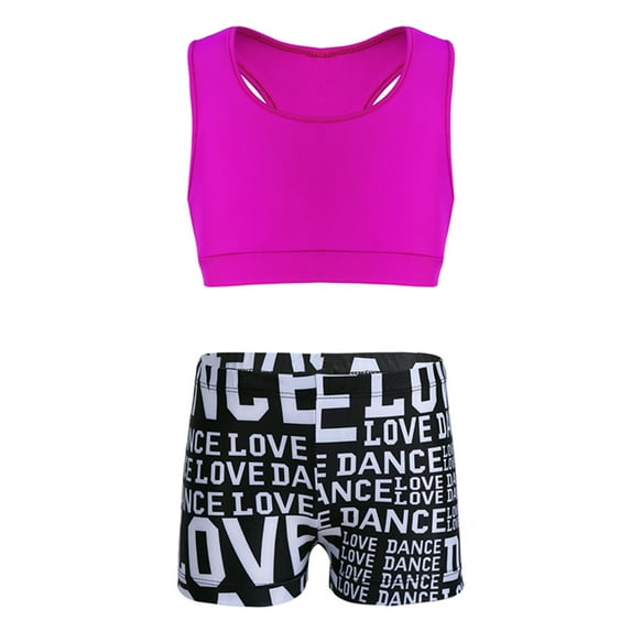 Haitryli Kids Girls 2 Piece Gymnastics Dance Outfits Crop Top with Booty Shorts for Rose&Black L