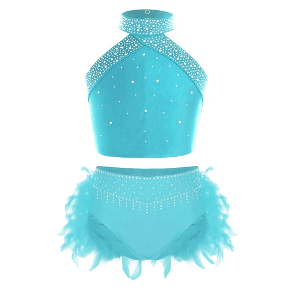 Haitryli Kids Girls 2 Piece Lyrical Ballet Dance Outfit Sleeveless Shiny Rhinestones Crop Top and Feather Brief Skirt Blue Green 14