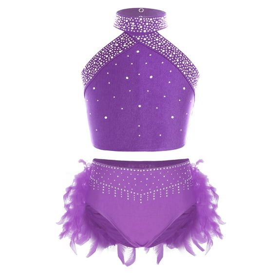 Haitryli Kids Girls 2 Piece Lyrical Ballet Dance Outfit Sleeveless Shiny Rhinestones Crop Top and Feather Brief Skirt Purple 10