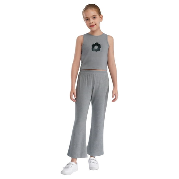 Haitryli Kids Girls 2 Piece Outfits Floral Print Cross Back Crop Tank Tops Vest with Pants Summer Casual Clothing Set Gray 5-6