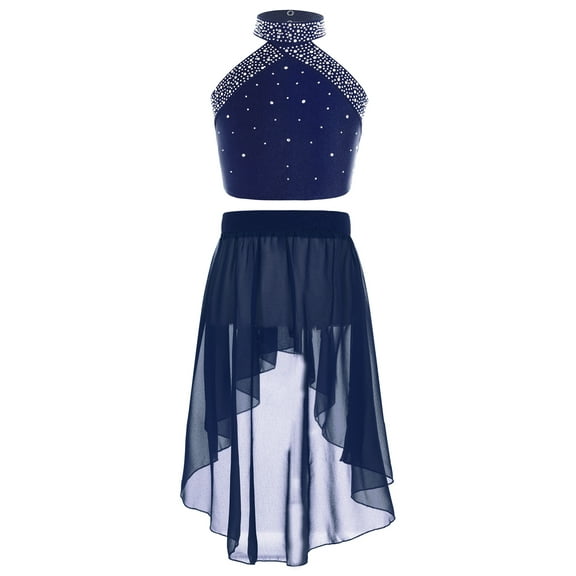 Haitryli Kids Girls 2Pcs Lyrical Dance Outfits Crop Tops with Tutu Skirt Ballet Dancewear Gymnastics Costume Navy Blue 6