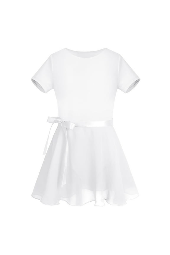 Kids Girls 2pcs Ballet Dance Dress Short Sleeves Chiffon Skirt Set Gymnastic Leotard Workout White XXL