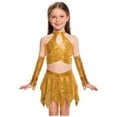 thumbnail image 1 of Haitryli Kids Girls 3 Piece Hip Hop Jazz Latin Ballroom Dance Outfits Sequins Metallic Halter Crop Tops with Skirt Gloves Set Gold 10, 1 of 7