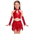 thumbnail image 1 of Haitryli Kids Girls 3 Piece Hip Hop Jazz Latin Ballroom Dance Outfits Sequins Metallic Halter Crop Tops with Skirt Gloves Set Red 6, 1 of 7