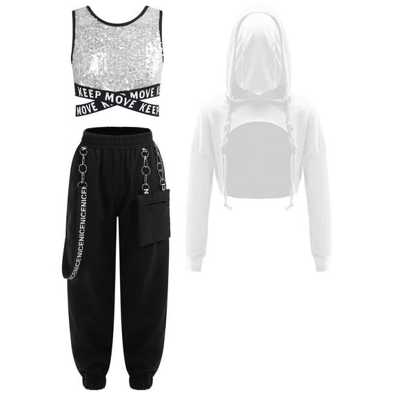 Haitryli Kids Girls 3 Pieces Active Outfit Dance Clothing Set Tracksuit Hip Hop Modern Jazz Performance Costume Silver 8