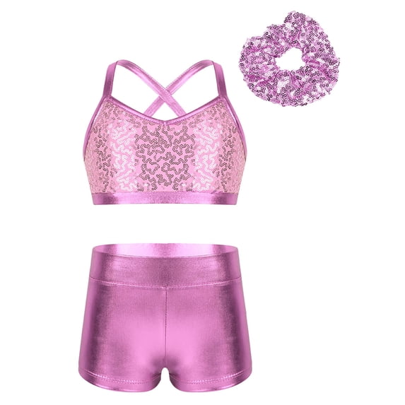 Haitryli Kids Girls 3 Pieces Dance Outfit Sequin Crop Top with Shorts Hair Tie Set Gymnastics Dancewear Pink 14