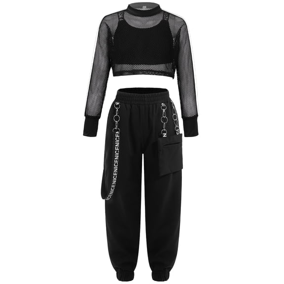 Haitryli Kids Girls 3Pcs Hip Hop Jazz Dance Outfits Hollow Out Crop Top Baggy Cargo Pants Streetwear Black 16