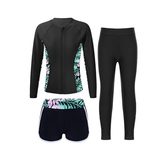 Haitryli Kids Girls 3Pcs Rash Guard Swimsuit Long Sleeve Bathing Suit Full Body Sun Protection Beachwear Black 6