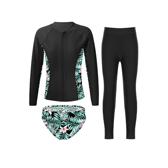 Haitryli Kids Girls 3Pcs Rash Guard Swimwear Set Long Sleeve Zipper Swimsuit with Swim Leggings Briefs Lily 14