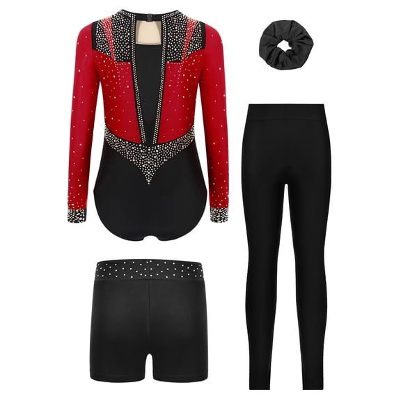 Haitryli Kids Girls 4-Piece Gymnastics Set Long Sleeve Ballet Dance Leotard Bodysuit Unitard with Shorts Leggings and Hairband Burgundy Black 16