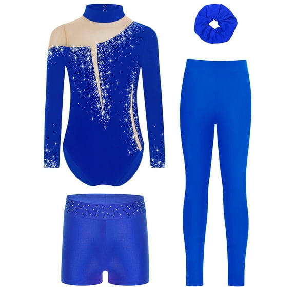 Haitryli Kids Girls 4pcs Gymnastics Outfits Long Sleeve Leotard with Leggings Shorts Hairband Figure Skating Outfit Royal Blue 6