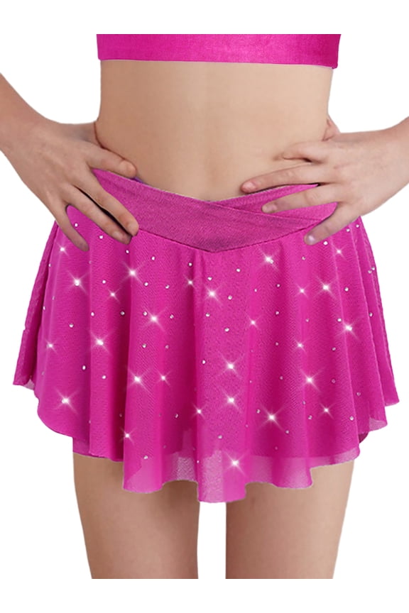 Kids Girls Athletic Dance Skirt Glittery Rhinestones Gymnastics Ice Skating Builtins Swirl Flow Skirt Hot Pink 8