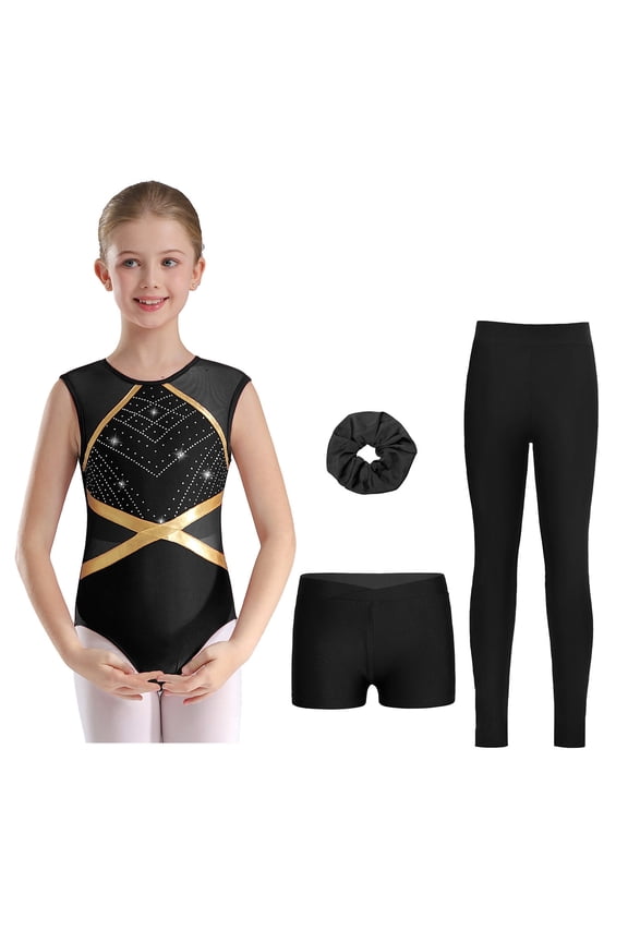 Kids Girls Ballet Dance Leotard Gymnastic Skating Outfits Training Suits with Shorts Leggings Headwear Set Black 6