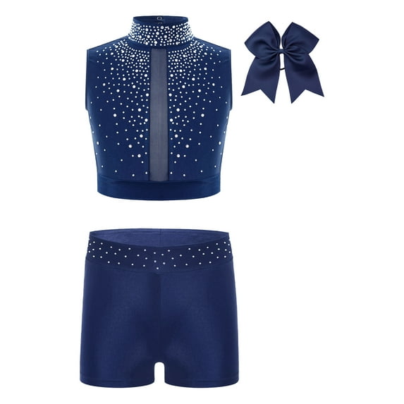 Haitryli Kids Girls Ballet Dance Outfits Cheerleading Costume Rhinestones Athletic Crop Top with Shorts and Headwear Navy Blue 10