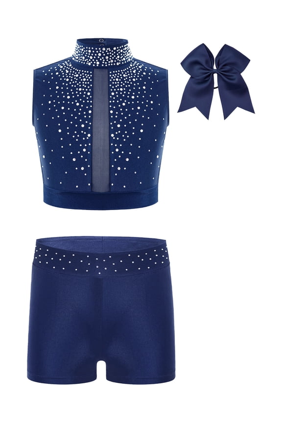 Kids Girls Ballet Dance Outfits Cheerleading Costume Rhinestones Athletic Crop Top with Shorts and Headwear Navy Blue 12