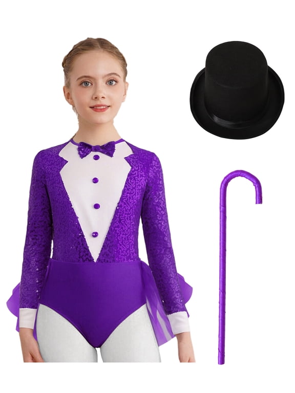 Kids Girls Ballet Jazz Dance Gymnastic Skirted Leotard Sequins Magician Performance Party Outfit Set Purple 10