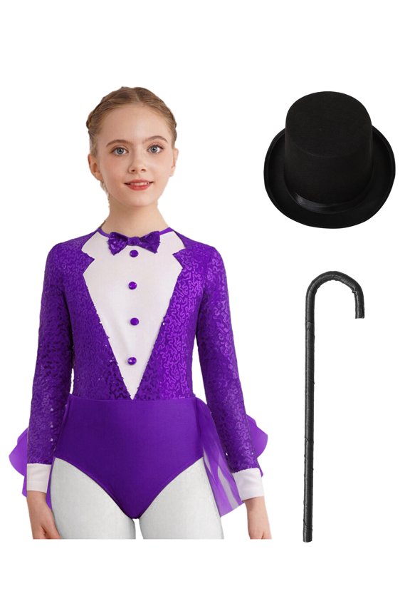 Kids Girls Ballet Jazz Dance Gymnastic Skirted Leotard Sequins Magician Performance Party Outfit Set Purple Black 6