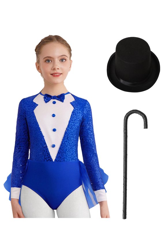 Kids Girls Ballet Jazz Dance Gymnastic Skirted Leotard Sequins Magician Performance Party Outfit Set Royal Blue Black 6