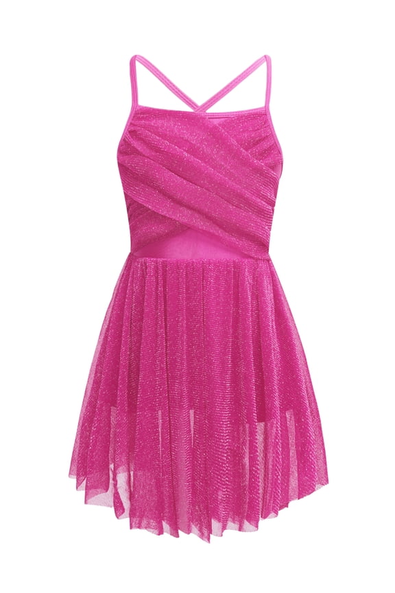 Kids Girls Ballet Lyrical Dance Dress Mesh Bowknot Back Gymnastics Leotard Ballerina Dancewear Rose 12